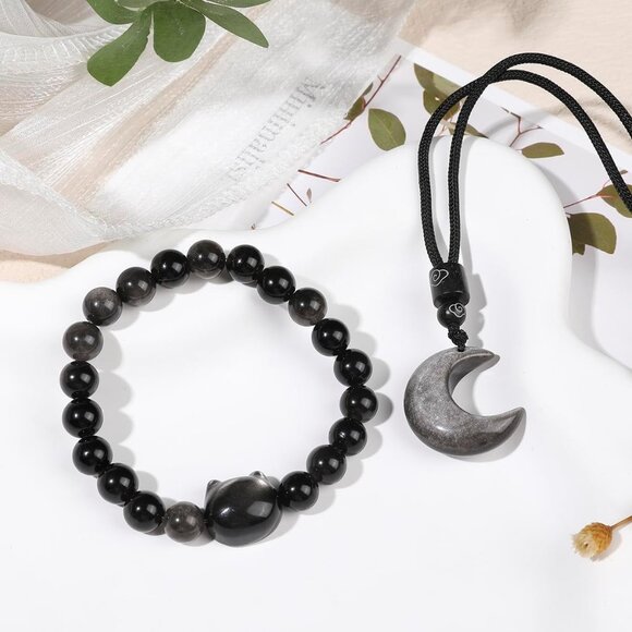 Black Obsidian Cat Beaded Necklace Set Moon Pendant Gift for Women - Picture 5 of 5